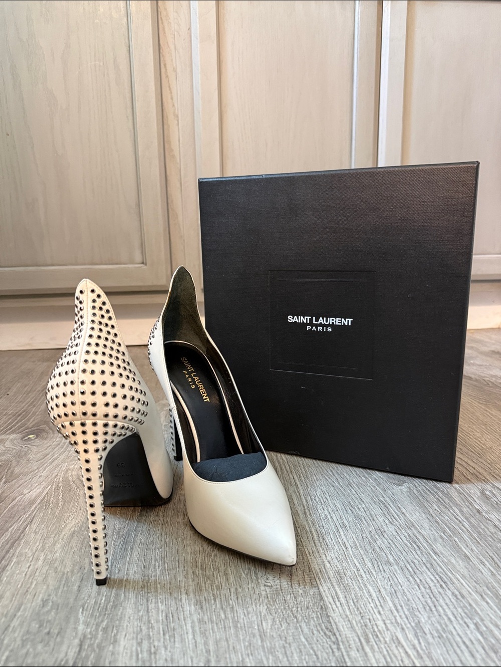 Saint Laurent Ivory Studded Pointed-Toe Pumps